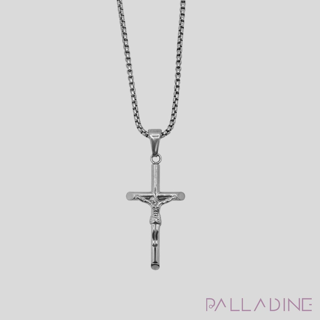 Luxury hypoallergenic rhodium plated cross pendant with 24in chain. Water-proof and long lasting, perfect for adding style to any outfit.