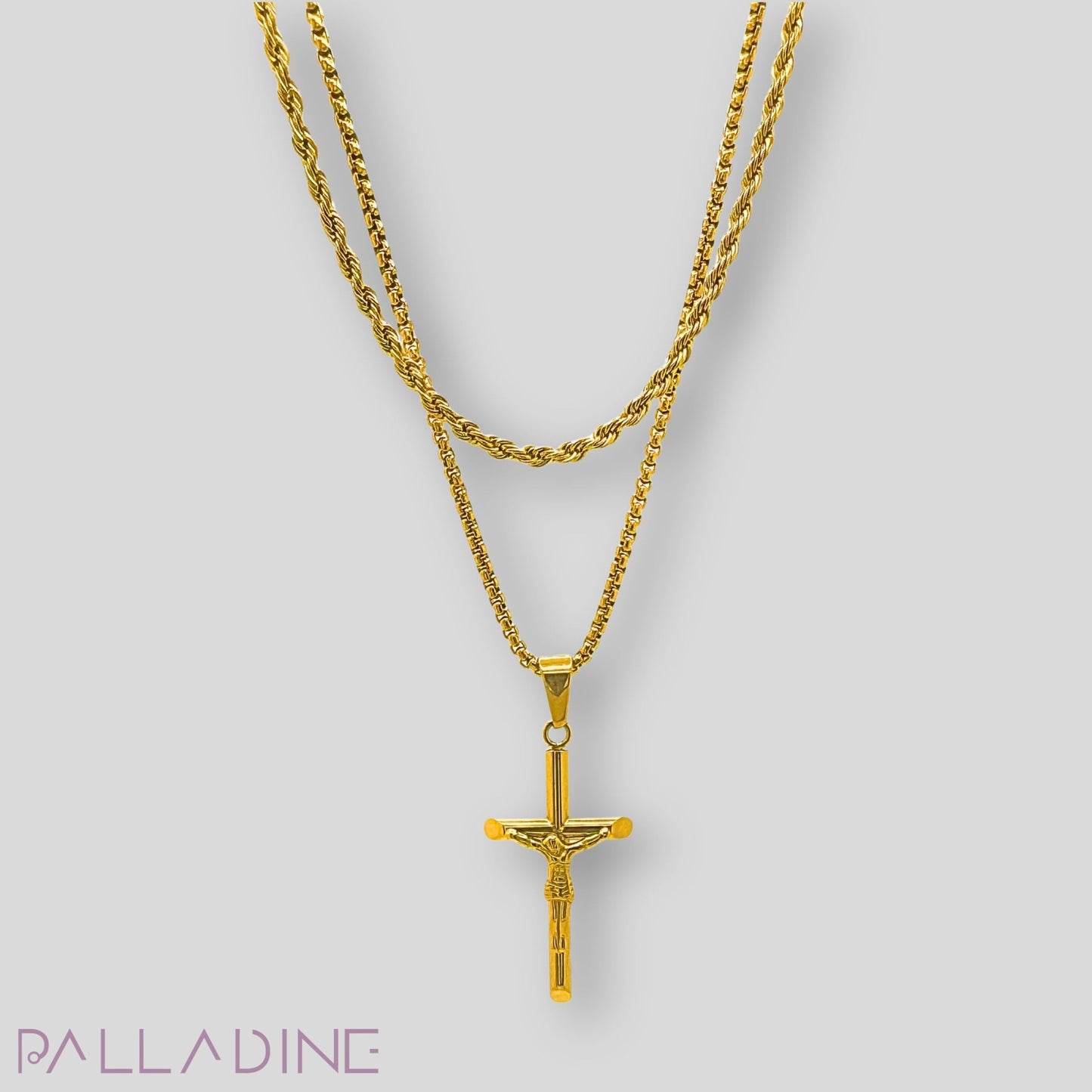 Luxury jewelry set, hypoallergenic, water-proof and long lasting. Featuring a cross pendant on a box and rope chain, perfect for any occasion
