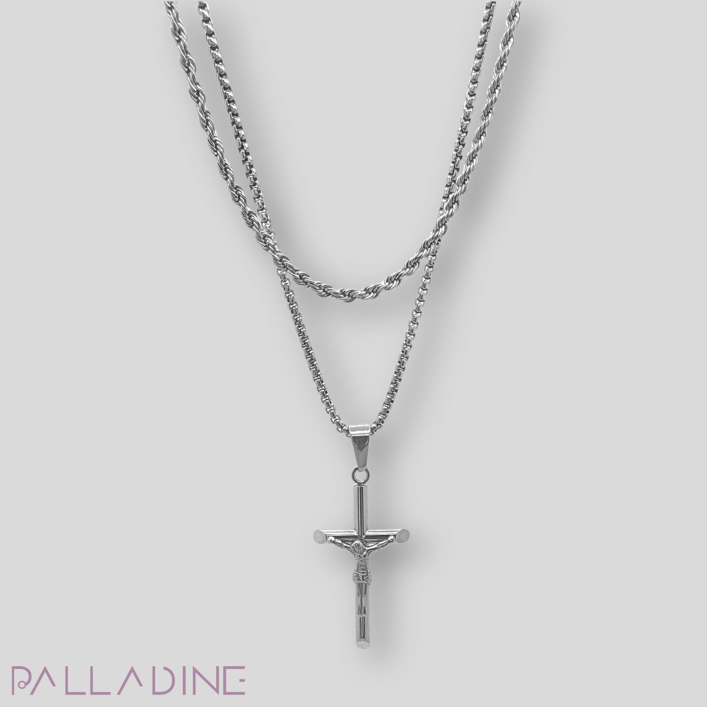 Luxury jewelry set, hypoallergenic, water-proof and long lasting. Featuring a cross pendant on a box and rope chain, perfect for any occasion.