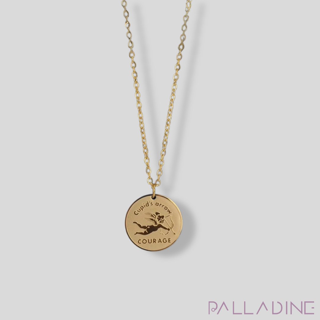 elegant Cupid Pendant in silver stainless steel, pvd plated with 18k gold for durability and shine.