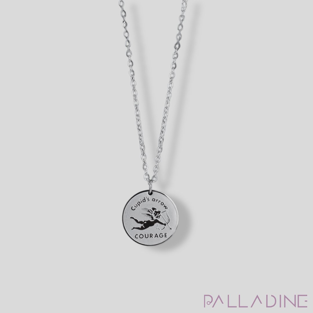 elegant Cupid Pendant in silver stainless steel, pvd plated with rhodium for durability and shine.