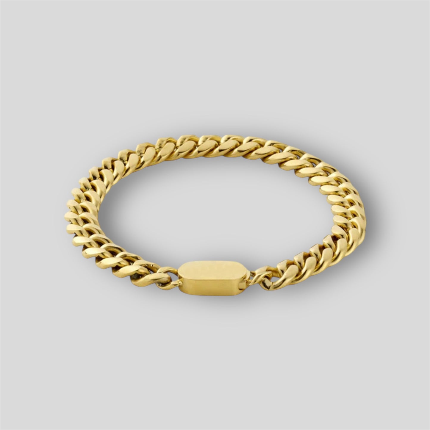 8mm Miami Cuban link bracelet, crafted in stainless steel and plated with 18K gold for a sleek, modern, and timeless look.