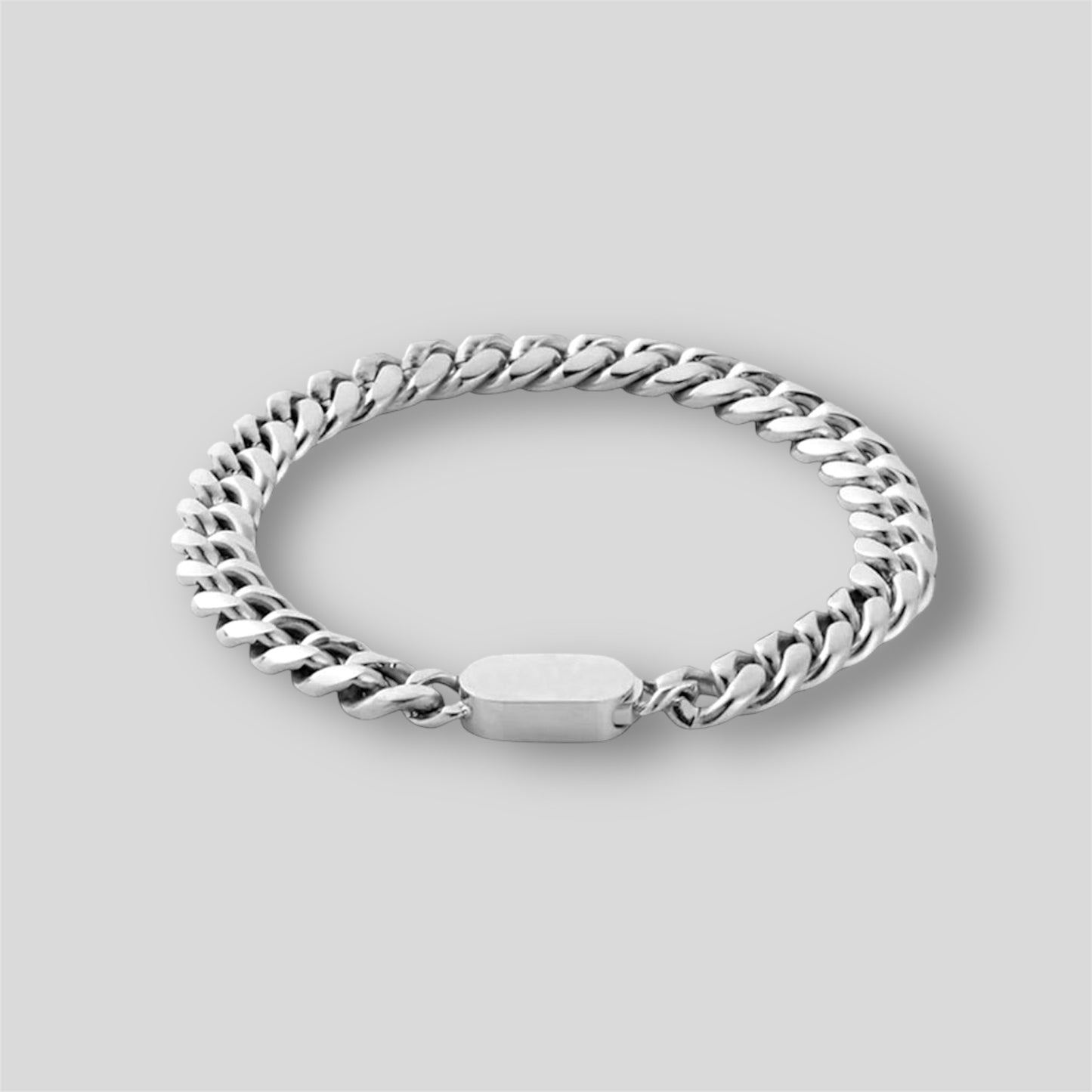  8mm Miami Cuban link bracelet, crafted in stainless steel and plated with rhodium for a sleek, modern, and timeless look.