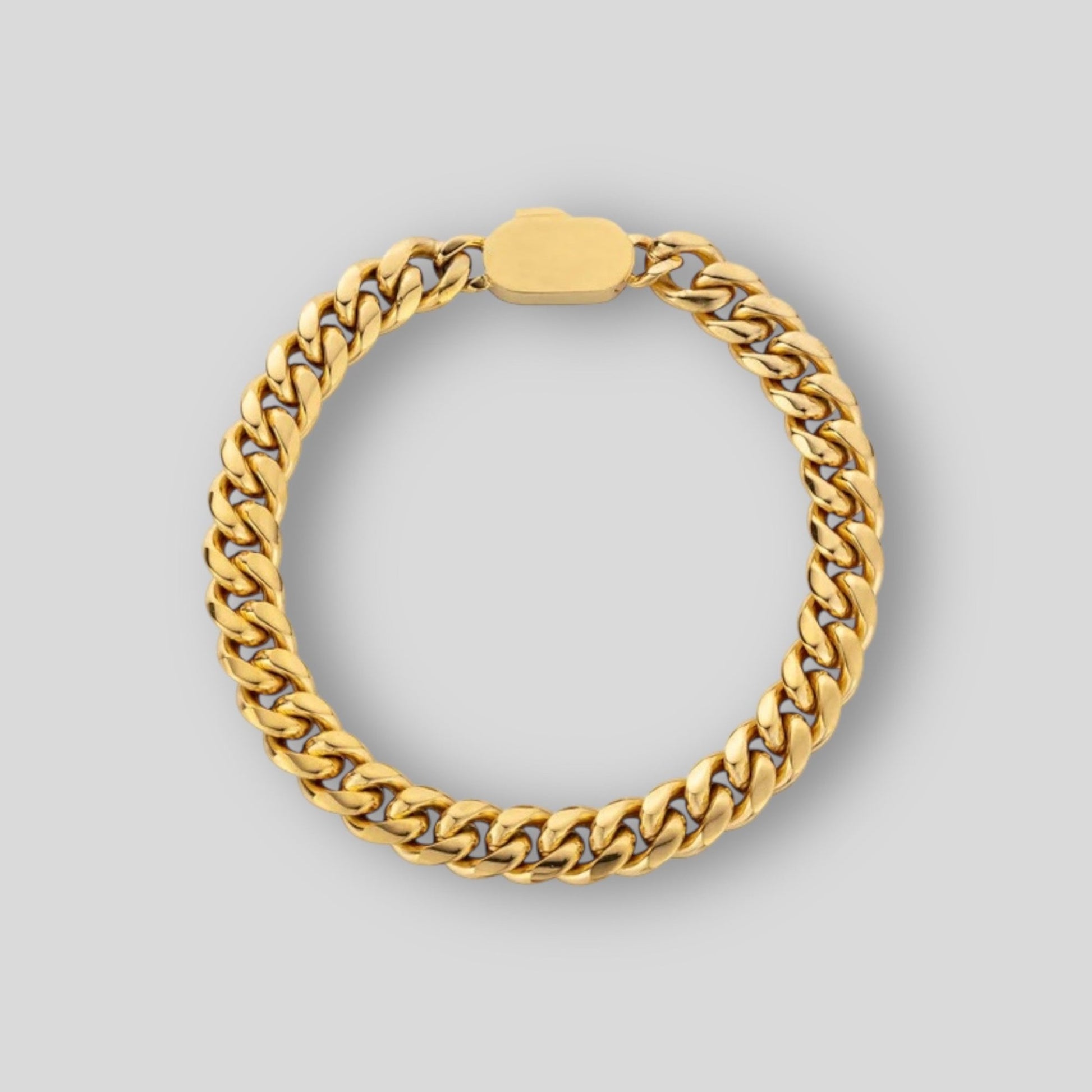 8mm Miami Cuban link bracelet, crafted in stainless steel and plated with 18K gold for a sleek, modern, and timeless look.