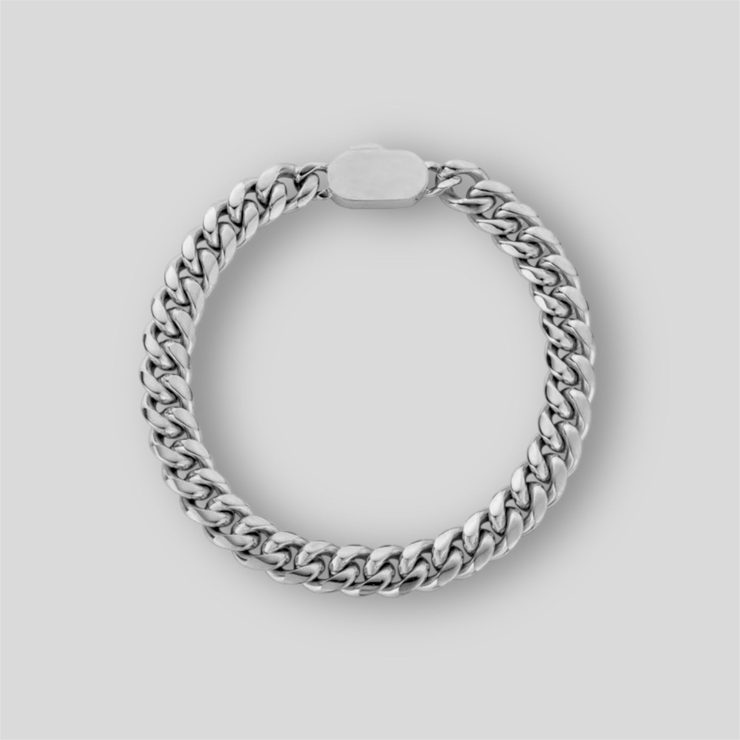  8mm Miami Cuban link bracelet, crafted in stainless steel and plated with rhodium for a sleek, modern, and timeless look.