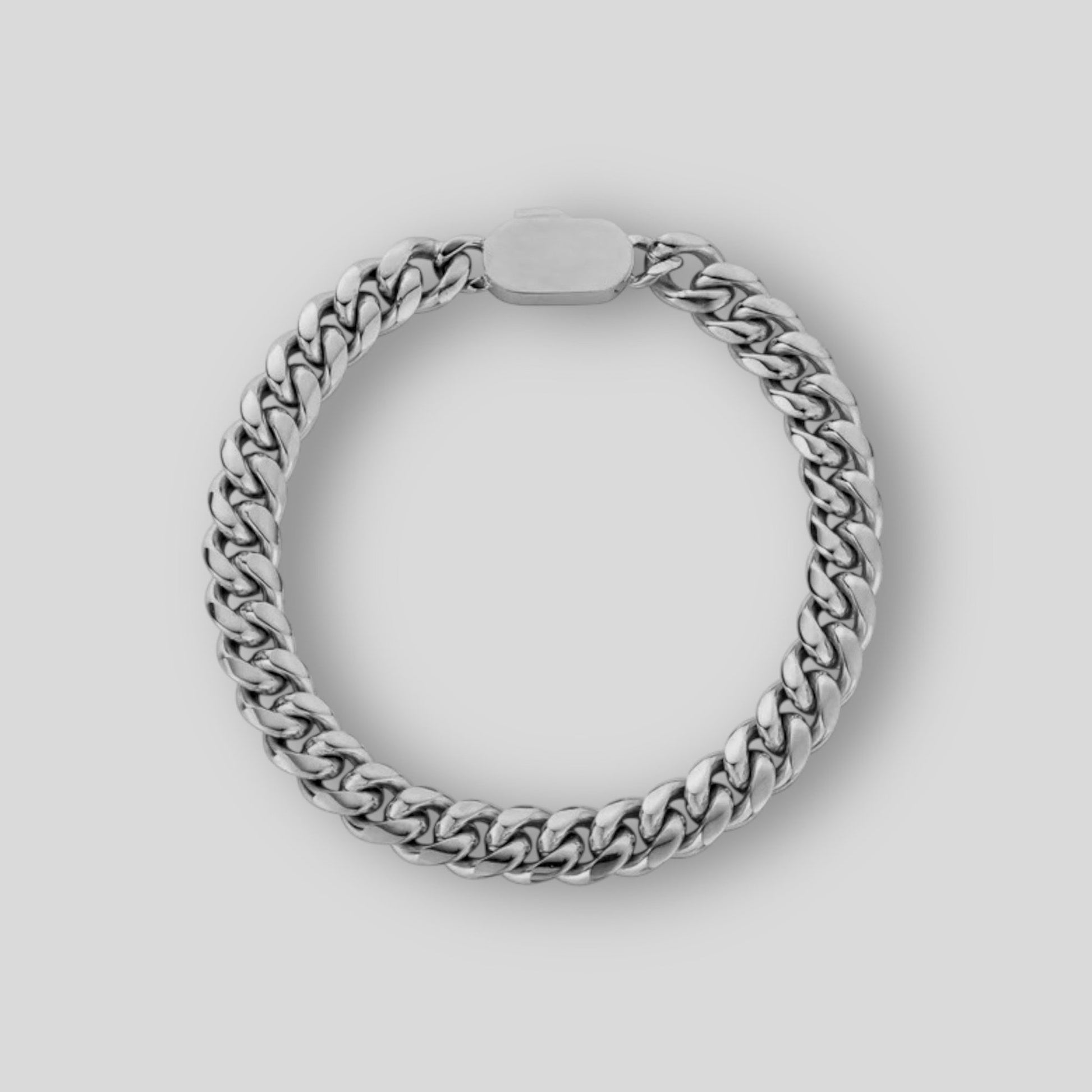  8mm Miami Cuban link bracelet, crafted in stainless steel and plated with rhodium for a sleek, modern, and timeless look.