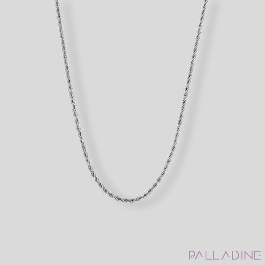 3mm rope chain necklace in stainless steel covered with Rhodium, offering a luxurious and elegant design.”