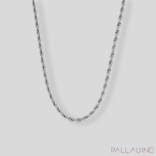 5mm silver rope chain necklace in stainless steel with rhodium plating, offering a luxurious and elegant design