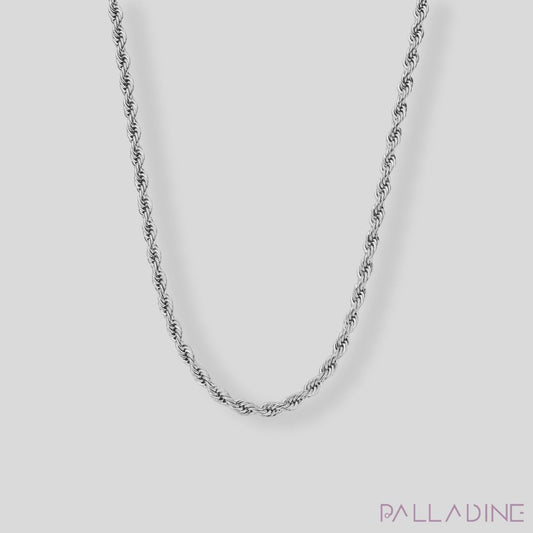 5mm silver rope chain necklace in stainless steel with rhodium plating, offering a luxurious and elegant design