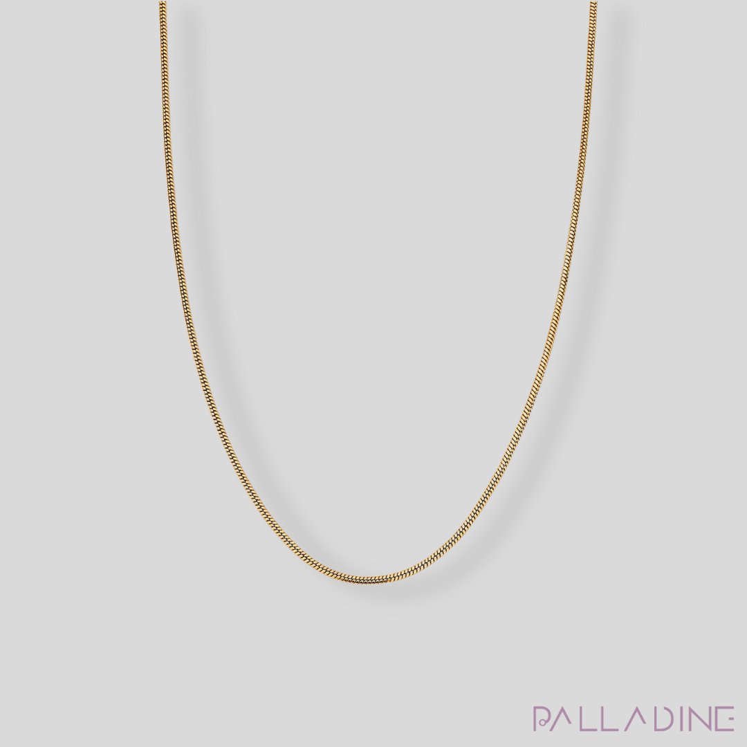 Stainless steel snake chain necklace, 2.4mm round chain plated in 18K GOLD for a luxurious shine.