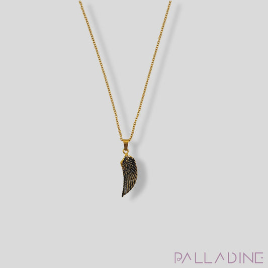 Stainless steel wing pendant plated with 18k gold, symbolizing resilience and freedom, paired with a durable 24-inch chain.