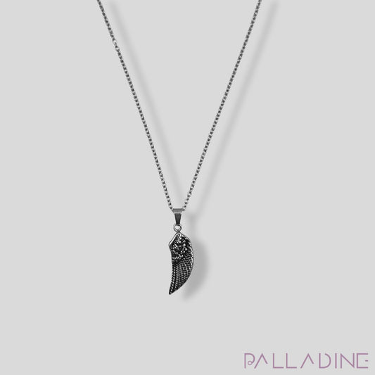 Stainless steel wing pendant plated with rhodium, symbolizing resilience and freedom, paired with a durable 24-inch chain