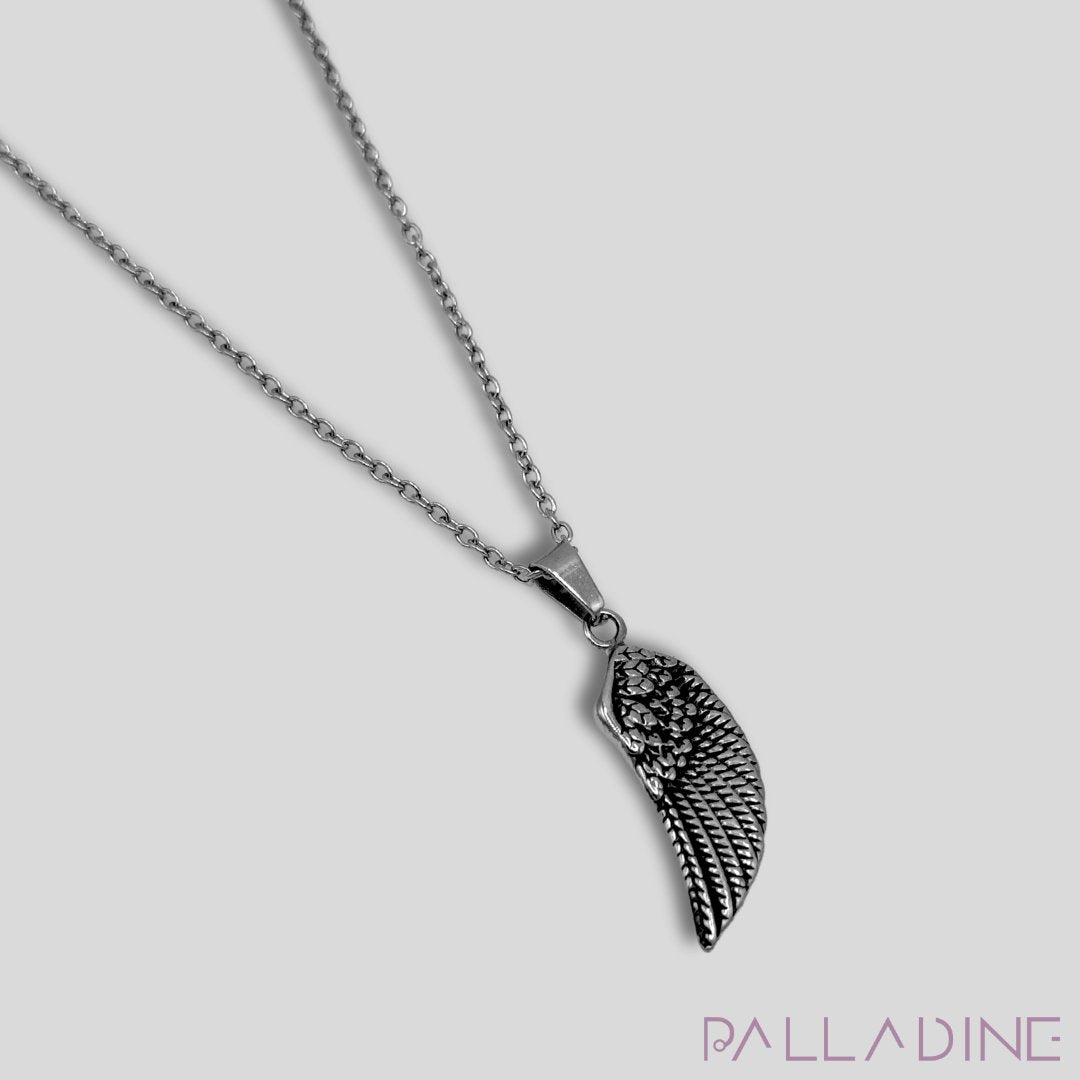 Stainless steel wing pendant plated with rhodium, symbolizing resilience and freedom, paired with a durable 24-inch chain